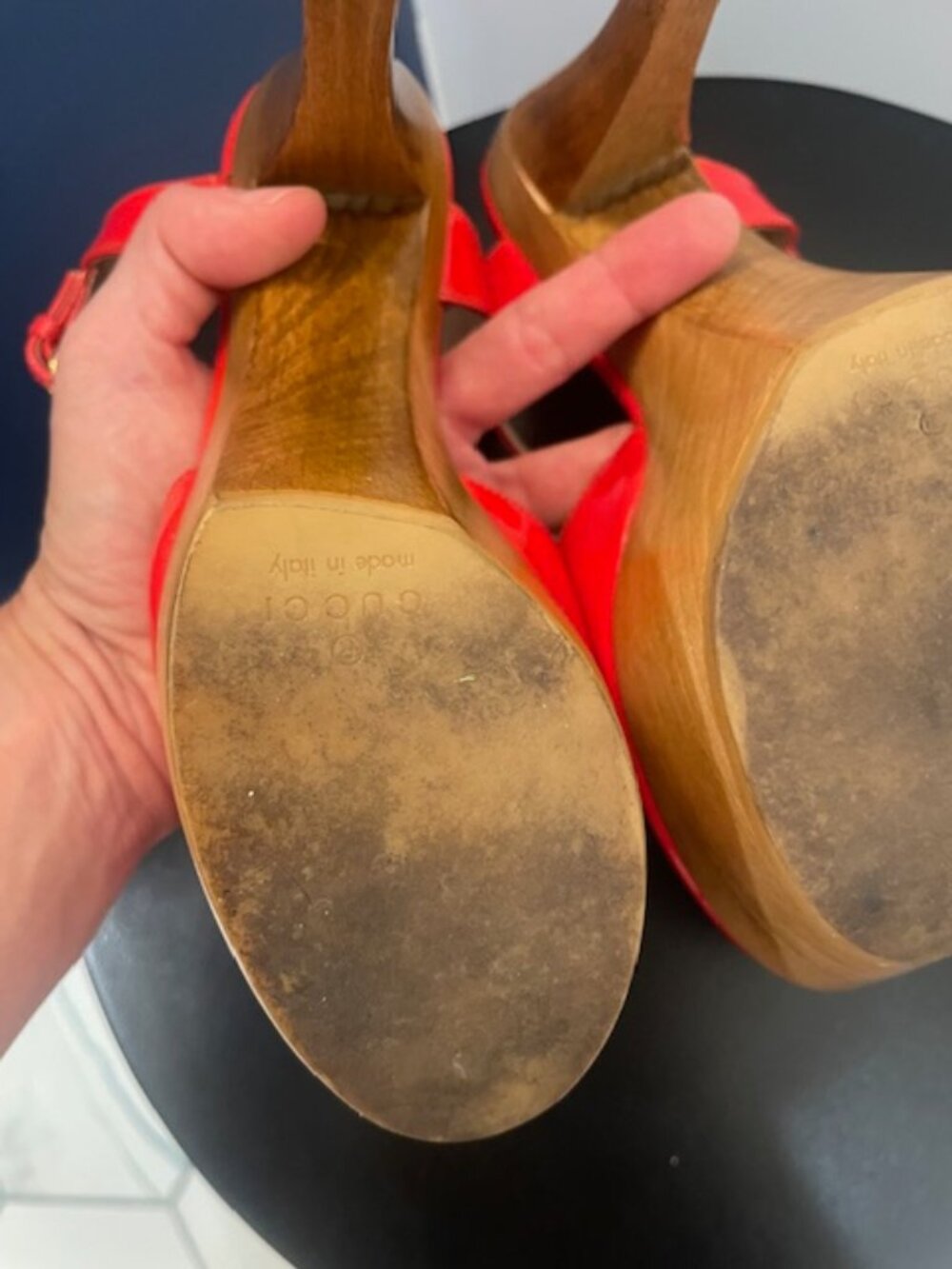 TITLE: Gucci Red/Orange Patent Platform Heels EU 36 Y2K Wooden Heel Pumps - Picture 9 of 14
